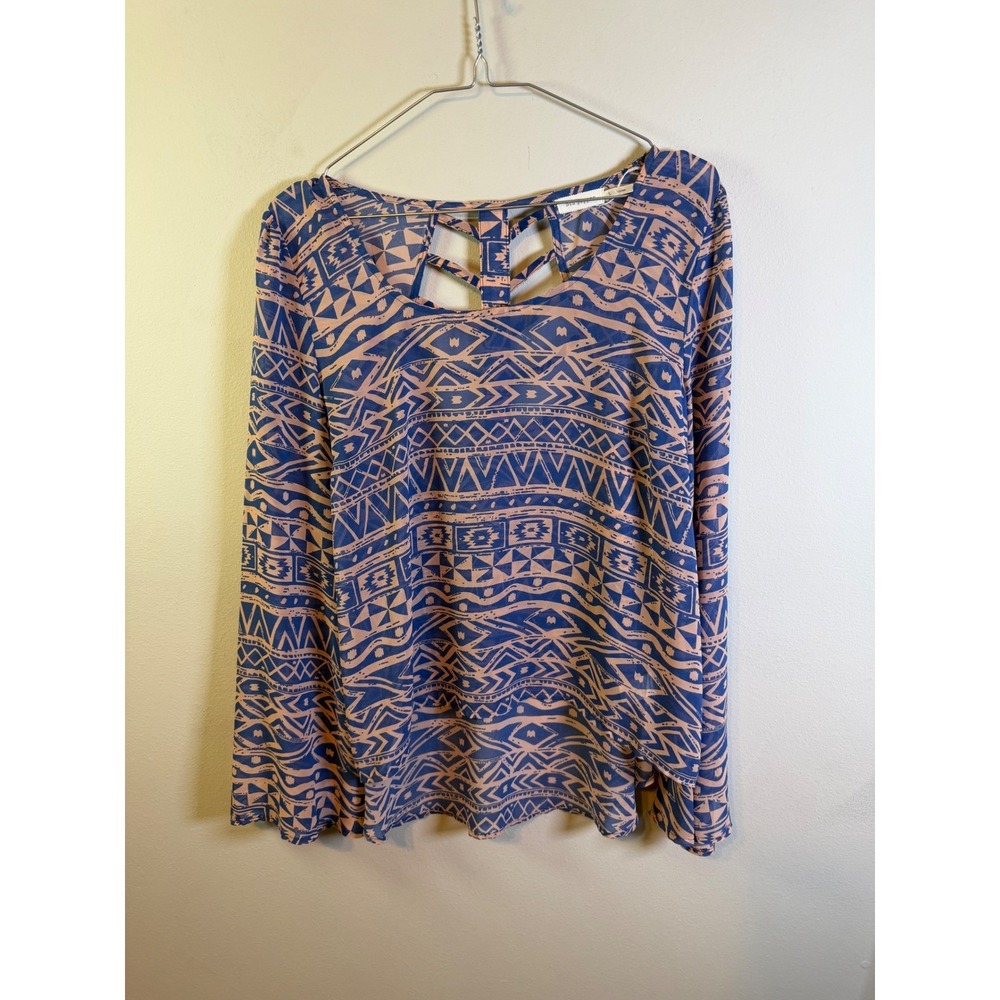 Blu Pepper Womens Blouse Geometric Cage Back Blue Peach Size L